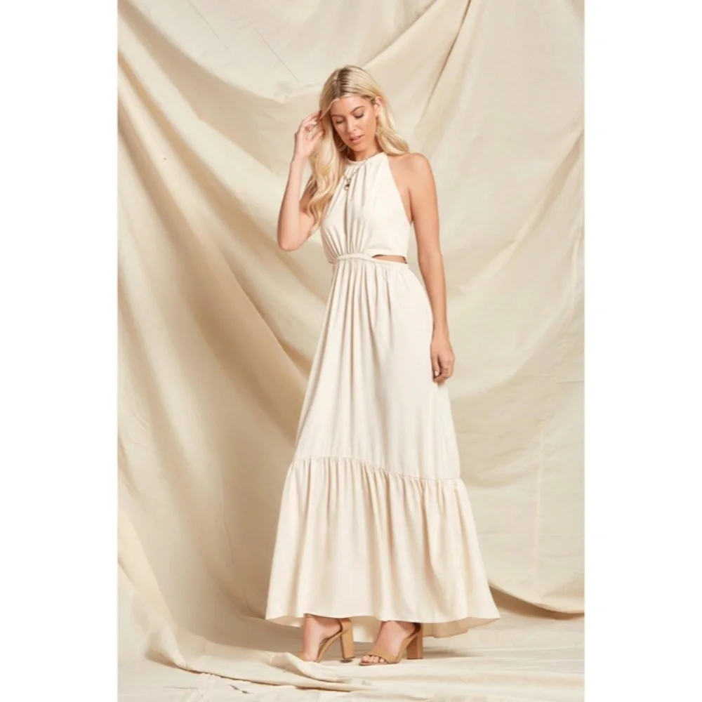 Bohemian Cream Solid Cut Out Waist Full Long Length Maxi Dress - Picture 3 of 5